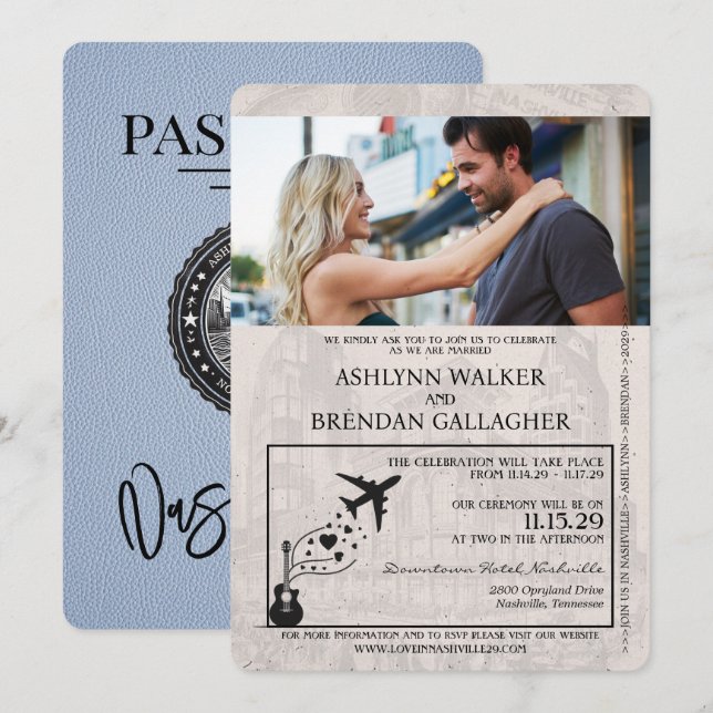 Dusty Blue Nashville Passport Wedding Invitation (Front/Back)