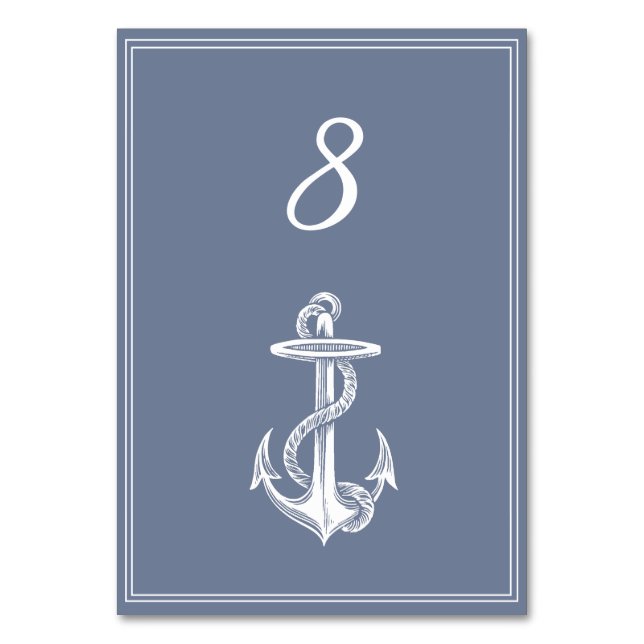 Dusty Blue Nautical Anchor Table Number Card (Front)
