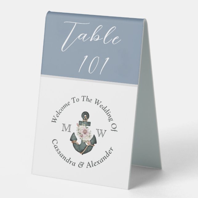Dusty Blue Nautical Wedding Anchor Table Tent Sign (Front)