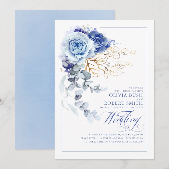Dusty Blue & Navy Blue Boho Gold Floral Wedding Invitation (Front/Back)