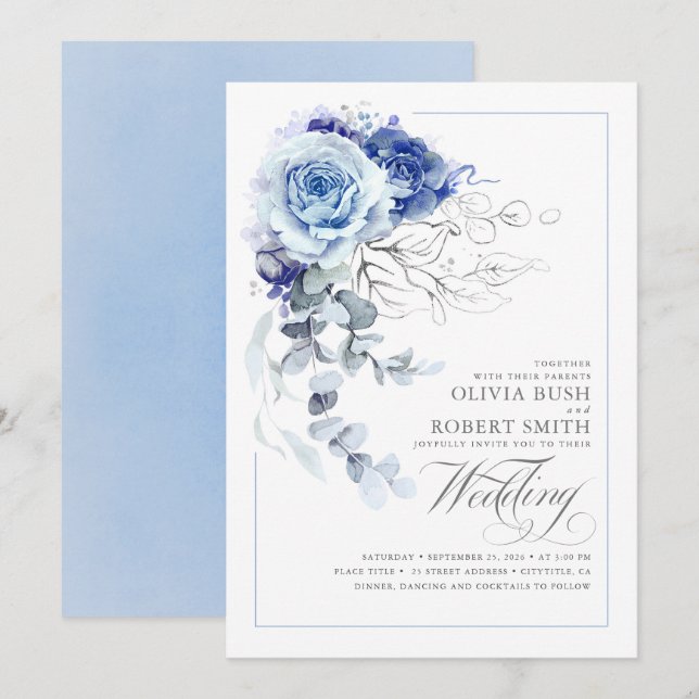 Dusty Blue & Navy Blue Boho Silver Floral Wedding Invitation (Front/Back)