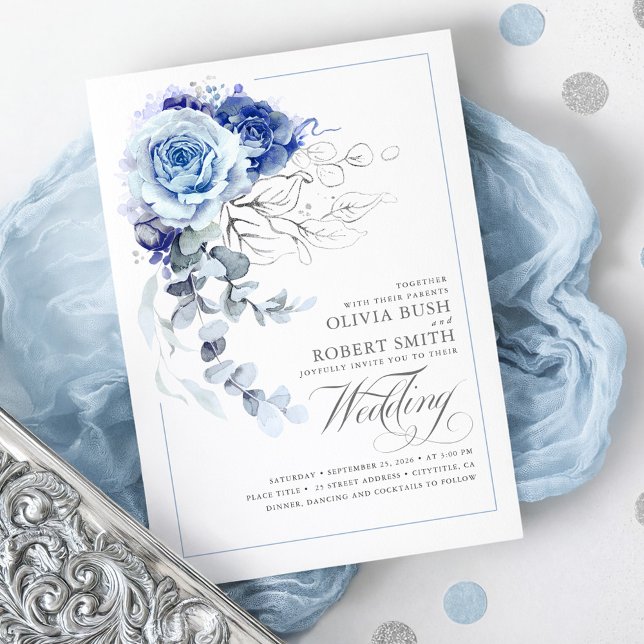 Dusty Blue & Navy Blue Boho Silver Floral Wedding Invitation (Dusty Blue and Silver Botanical Floral Chic Wedding Invitation)