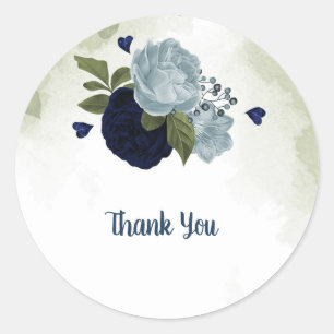 dusty blue & navy blue flowers greenery classic round sticker
