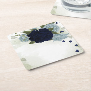 dusty blue & navy blue flowers greenery  square paper coaster