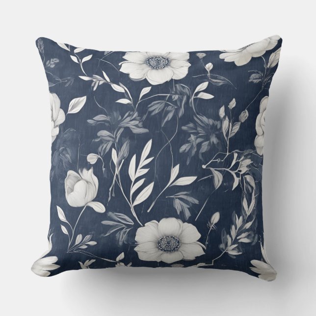 Dusty Blue Navy Blue White Floral Cushion (Front)