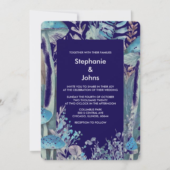 Dusty Blue Navy Blue Woodland Mushroom Wedding Invitation (Front)