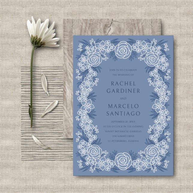 Dusty Blue Navy Botanical Floral Wedding Invitation (Creator Uploaded)