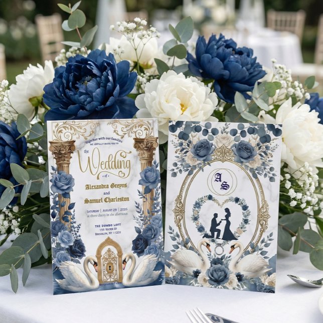 Dusty Blue & Navy Botanical Garden Wedding Invitation (Creator Uploaded)
