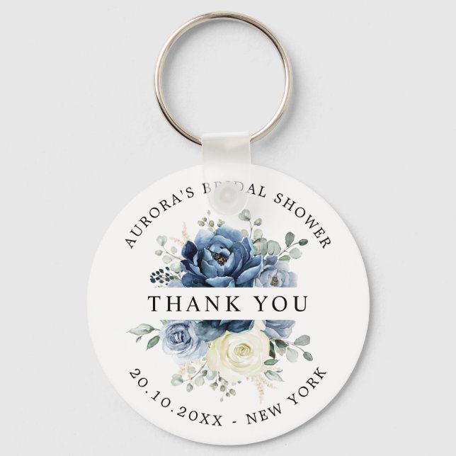 Dusty Blue Navy Champagne Ivory Bridal Shower Gift Key Ring (Front)