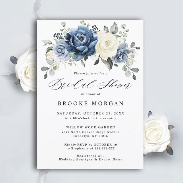 Dusty Blue Navy Champagne Ivory Bridal Shower Invitation (Creator Uploaded)
