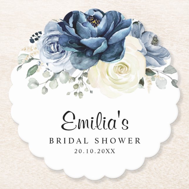 Dusty Blue Navy Champagne Ivory Bridal Shower Paper Coaster (Front)