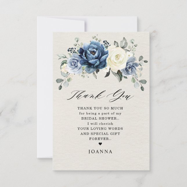 Dusty Blue Navy Champagne Ivory Bridal Shower Than Thank You Card (Front)