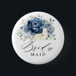 Dusty Blue Navy Champagne Ivory Bridesmaid 6 Cm Round Badge<br><div class="desc">Dusty blue floral Bridesmaid button featuring elegant bouquet of navy blue, royal blue , white , gold, champagne ivory, blush colour rose , ranunculus flower buds and sage green eucalyptus leaves and elegant watercolor bouquet. Please contact me for any help in customisation or if you need any other product with...</div>