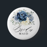 Dusty Blue Navy Champagne Ivory Bridesmaid 6 Cm Round Badge<br><div class="desc">Dusty blue floral Bridesmaid button featuring elegant bouquet of navy blue, royal blue , white , gold, champagne ivory, blush colour rose , ranunculus flower buds and sage green eucalyptus leaves and elegant watercolor bouquet. Please contact me for any help in customisation or if you need any other product with...</div>