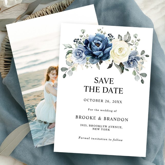 Dusty Blue Navy Champagne Ivory Chic Photo Wedding Save The Date (Dusty Blue Navy Champagne Ivory Chic Photo Wedding Save The Date)