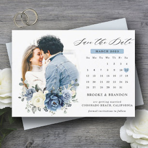 Dusty Blue Navy Champagne Ivory Floral calendar Save The Date