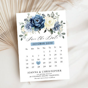 Dusty Blue Navy Champagne Ivory Floral calendar Save The Date