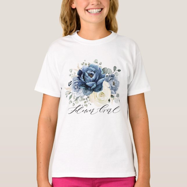Dusty Blue Navy Champagne Ivory Floral Flower girl T-Shirt (Front)