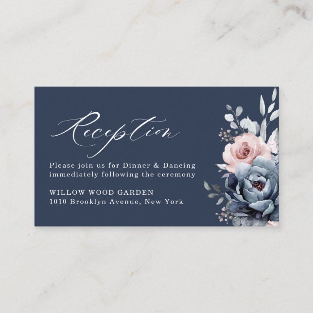Dusty Blue Navy Champagne Ivory Floral Reception E Enclosure Card (Front)