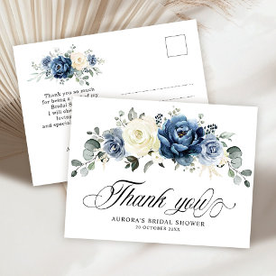 Dusty Blue Navy Champagne Ivory Floral Thank you Postcard