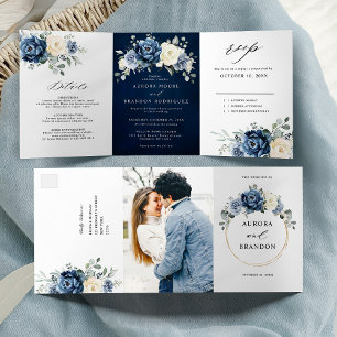 Dusty Blue Navy Champagne Ivory Floral Tri-Fold A Announcement