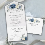 Dusty Blue Navy Champagne Ivory Floral Wedding All In One Invitation<br><div class="desc">Dusty blue floral wedding Invitation featuring elegant bouquet of navy blue, royal blue , white , gold, champagne ivory, blush colour rose , ranunculus flower buds and sage green eucalyptus leaves and elegant watercolor bouquet. Please contact me for any help in customisation or if you need any other product with...</div>