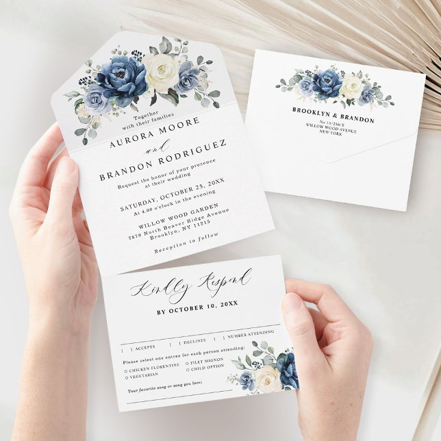 Dusty Blue Navy Champagne Ivory Floral Wedding All In One Invitation (Dusty Blue Navy Champagne Ivory Floral Wedding All In One Invitation)