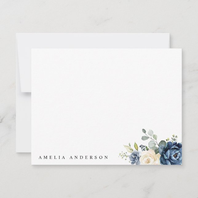 Dusty Blue Navy Champagne Ivory Floral Wedding Card (Front)