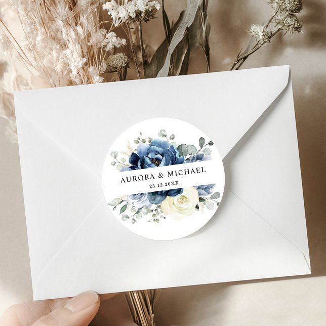 Dusty Blue Navy Champagne Ivory Floral Wedding Classic Round Sticker (Dusty Blue Navy Champagne Ivory Floral Wedding Classic Round Sticker)