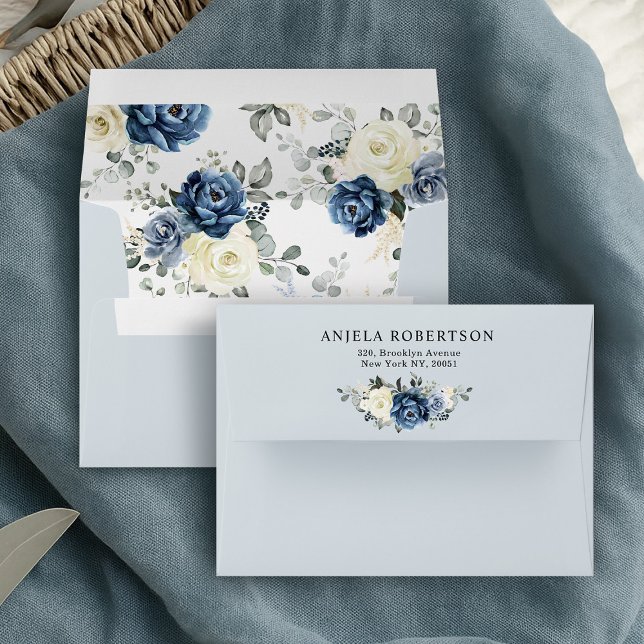 Dusty Blue Navy Champagne Ivory Floral Wedding Env Envelope (Dusty Blue Navy Champagne Ivory Floral Wedding Envelope)