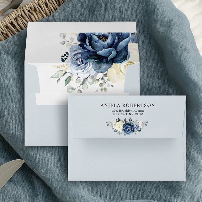 Dusty Blue Navy Champagne Ivory Floral Wedding Envelope (Dusty Blue Navy Champagne Ivory Floral Wedding Envelope)