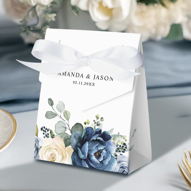 Dusty Blue Navy Champagne Ivory Floral Wedding Favour Box (Dusty Blue Navy Champagne Ivory Floral Wedding Favor Boxes)