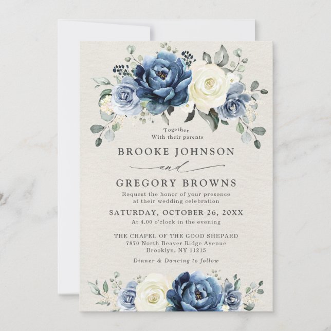 Dusty Blue Navy Champagne Ivory Floral Wedding  In Invitation (Front)