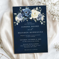 Dusty Blue Navy Champagne Ivory Floral Wedding Inv