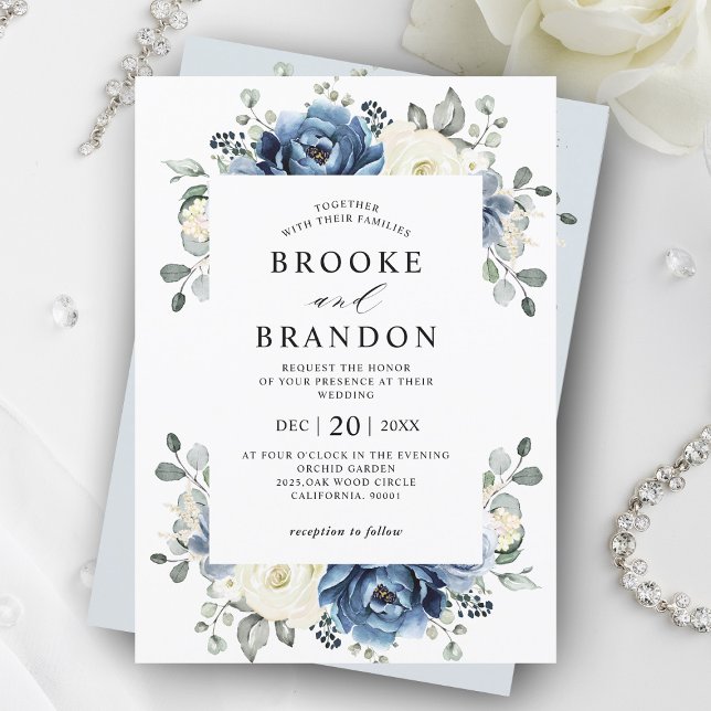 Dusty Blue Navy Champagne Ivory Floral Wedding Inv Invitation (Dusty blue Ivory floral wedding invitation)