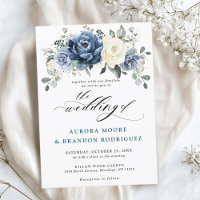 Dusty Blue Navy Champagne Ivory Floral Wedding Inv