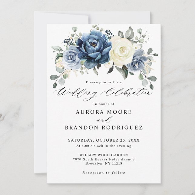 Dusty Blue Navy Champagne Ivory Floral Wedding Inv Invitation (Front)