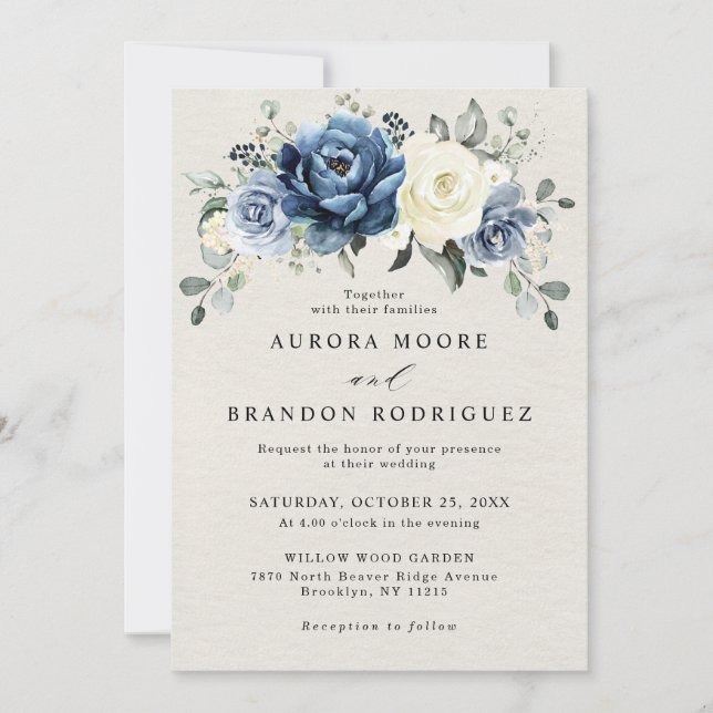 Dusty Blue Navy Champagne Ivory Floral Wedding Inv Invitation (Front)