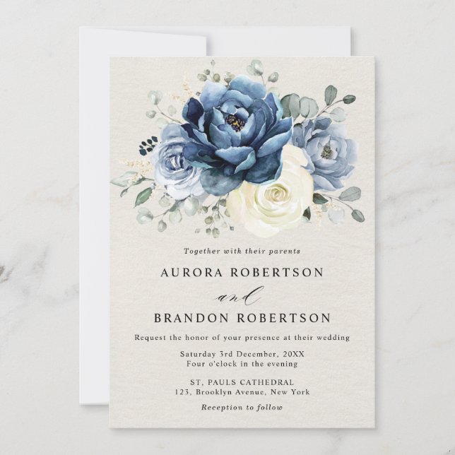 Dusty Blue Navy Champagne Ivory Floral Wedding Inv Invitation (Front)