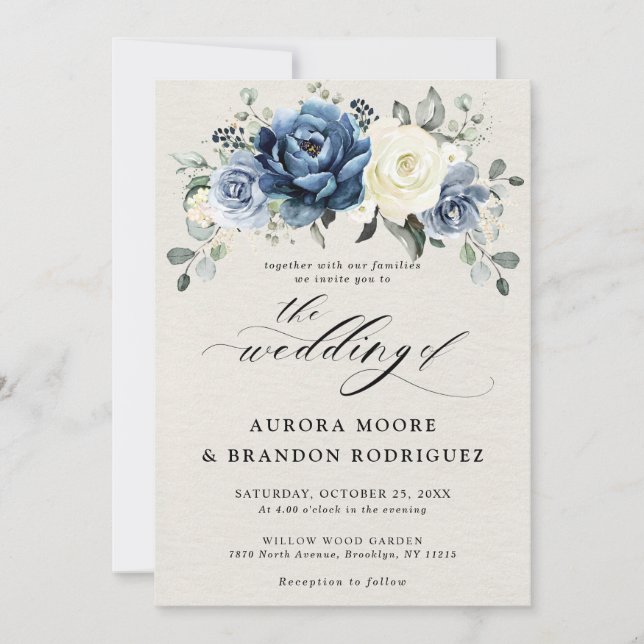 Dusty Blue Navy Champagne Ivory Floral Wedding Inv Invitation (Front)