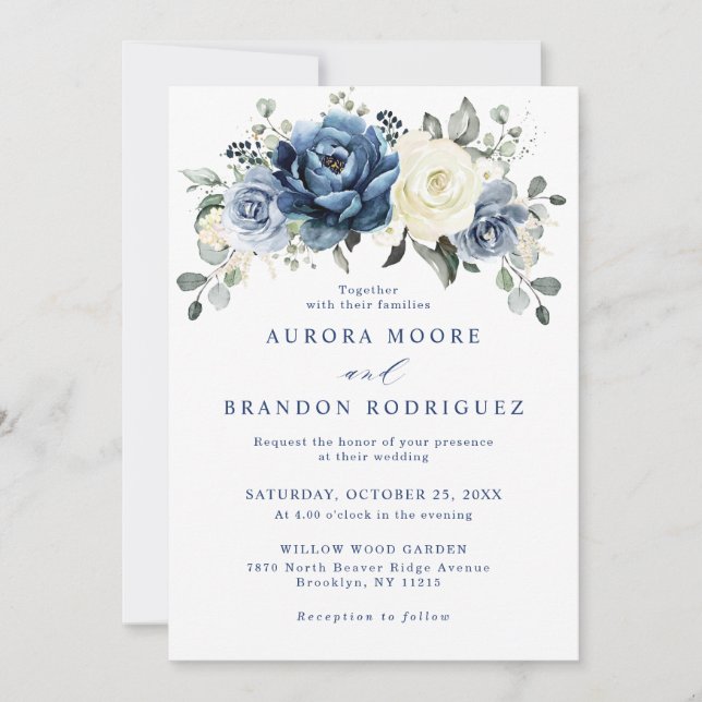 Dusty Blue Navy Champagne Ivory Floral Wedding Inv Invitation (Front)