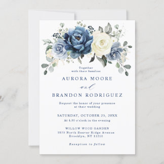 Dusty Blue Navy Champagne Ivory Floral Wedding Inv Invitation