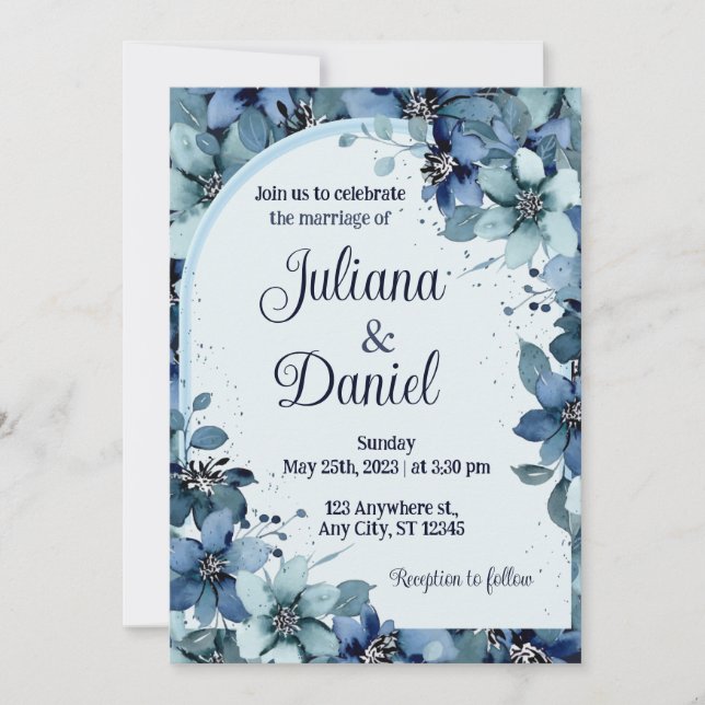 Dusty Blue Navy Champagne Ivory Floral Wedding  Invitation (Front)