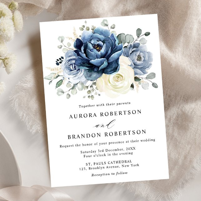 Dusty Blue Navy Champagne Ivory Floral Wedding Invitation (Dusty Blue Navy Champagne Ivory Floral Wedding Invitation)