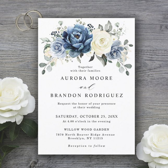 Dusty Blue Navy Champagne Ivory Floral Wedding Invitation (dusty blue )