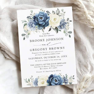 Dusty Blue Navy Champagne Ivory Floral Wedding  Invitation