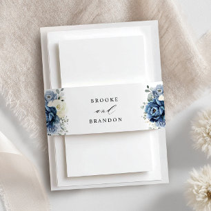 Dusty Blue Navy Champagne Ivory Floral Wedding Invitation Belly Band