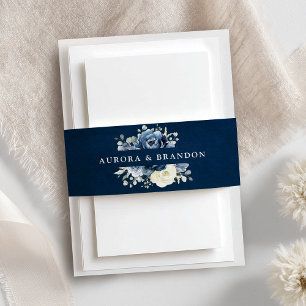 Dusty Blue Navy Champagne Ivory Floral Wedding Invitation Belly Band