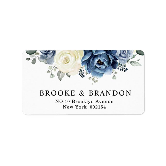 Dusty Blue Navy Champagne Ivory Floral Wedding Label (Front)