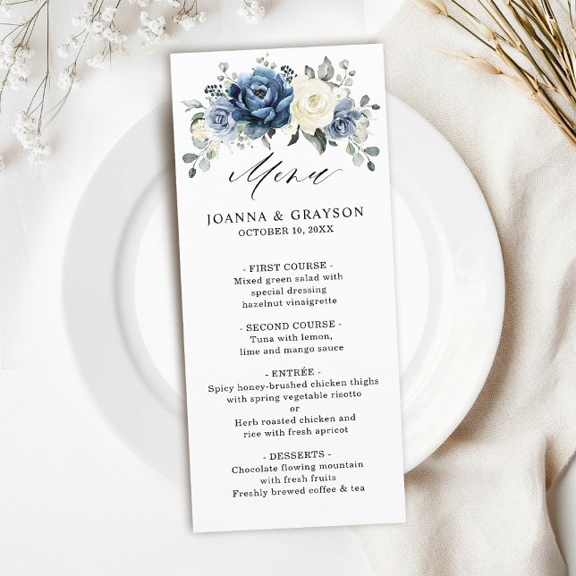 Dusty Blue Navy Champagne Ivory Floral Wedding Menu (Dusty Blue Navy Champagne Ivory Floral Wedding Menu)